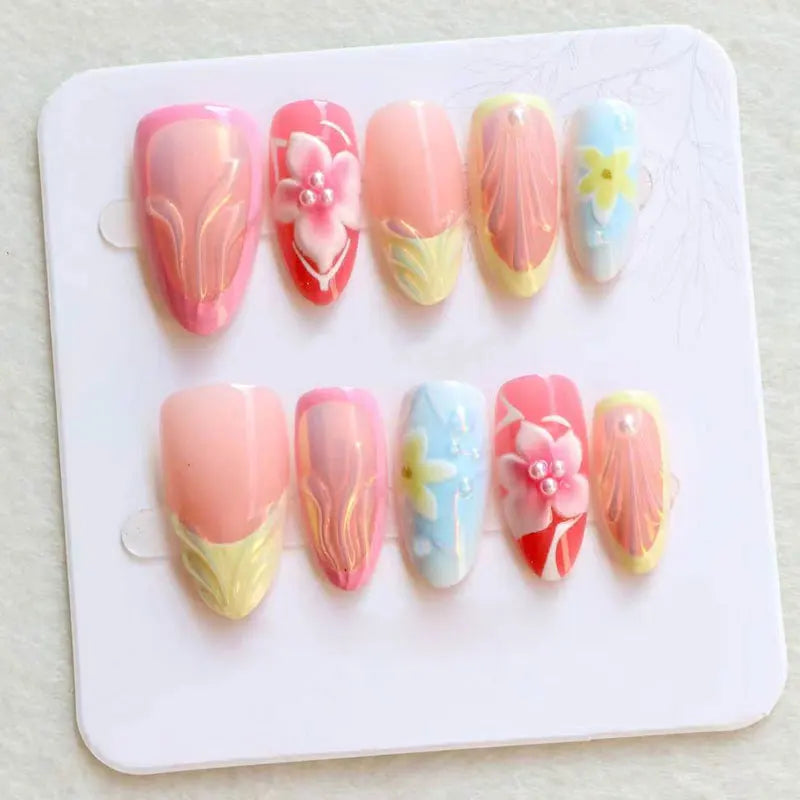 Pastel Tulip Press On Nails With Raised Flowers and Gold-Toned Lines