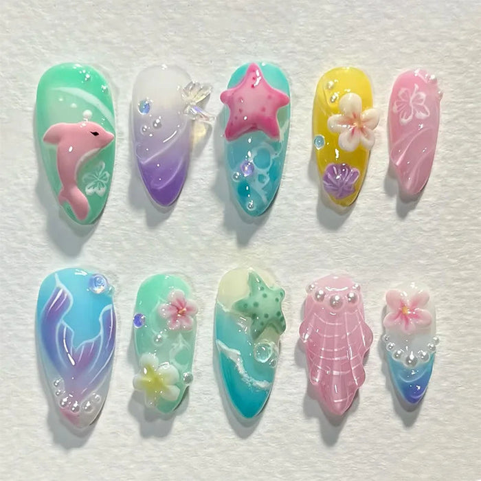 Pastel Under-the-Sea Press On Nails With Dolphin, Starfish and Iridescent Gems