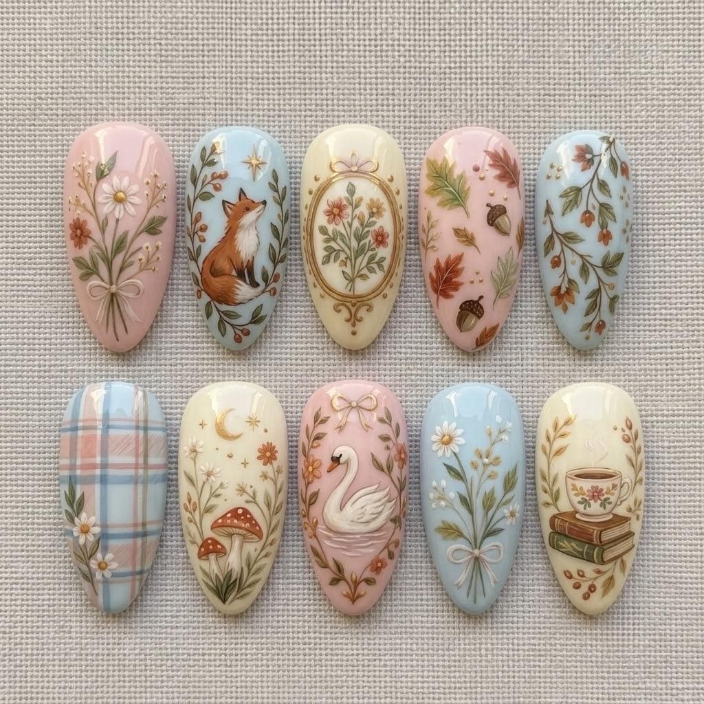 Pastel Woodland Autumn Nail Set With Fox, Swan, Mushrooms and Plaid
