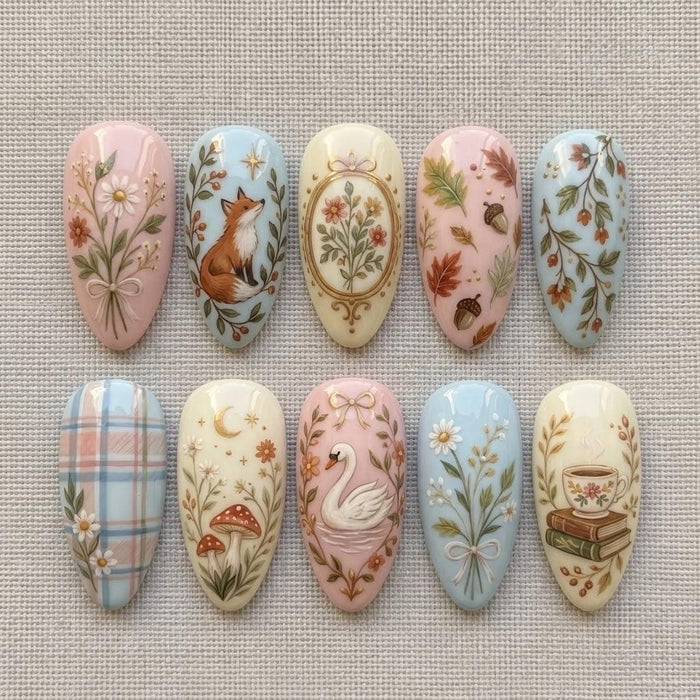 Pastel Woodland Autumn Press On Nail Set With Fox, Swan, Mushrooms and Plaid