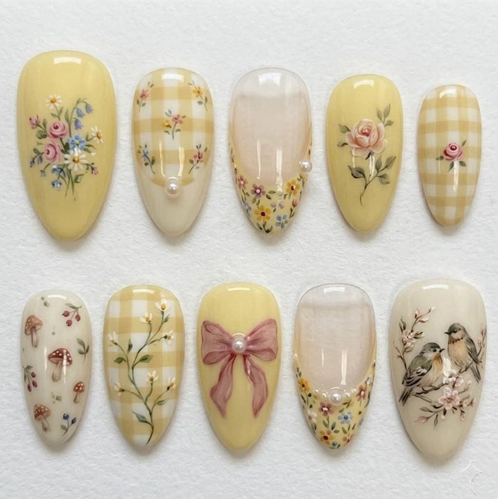 Pastel Yellow and Ivory Gingham Press On Nails with Roses, Mushrooms, Birds, and a Pink Bow
