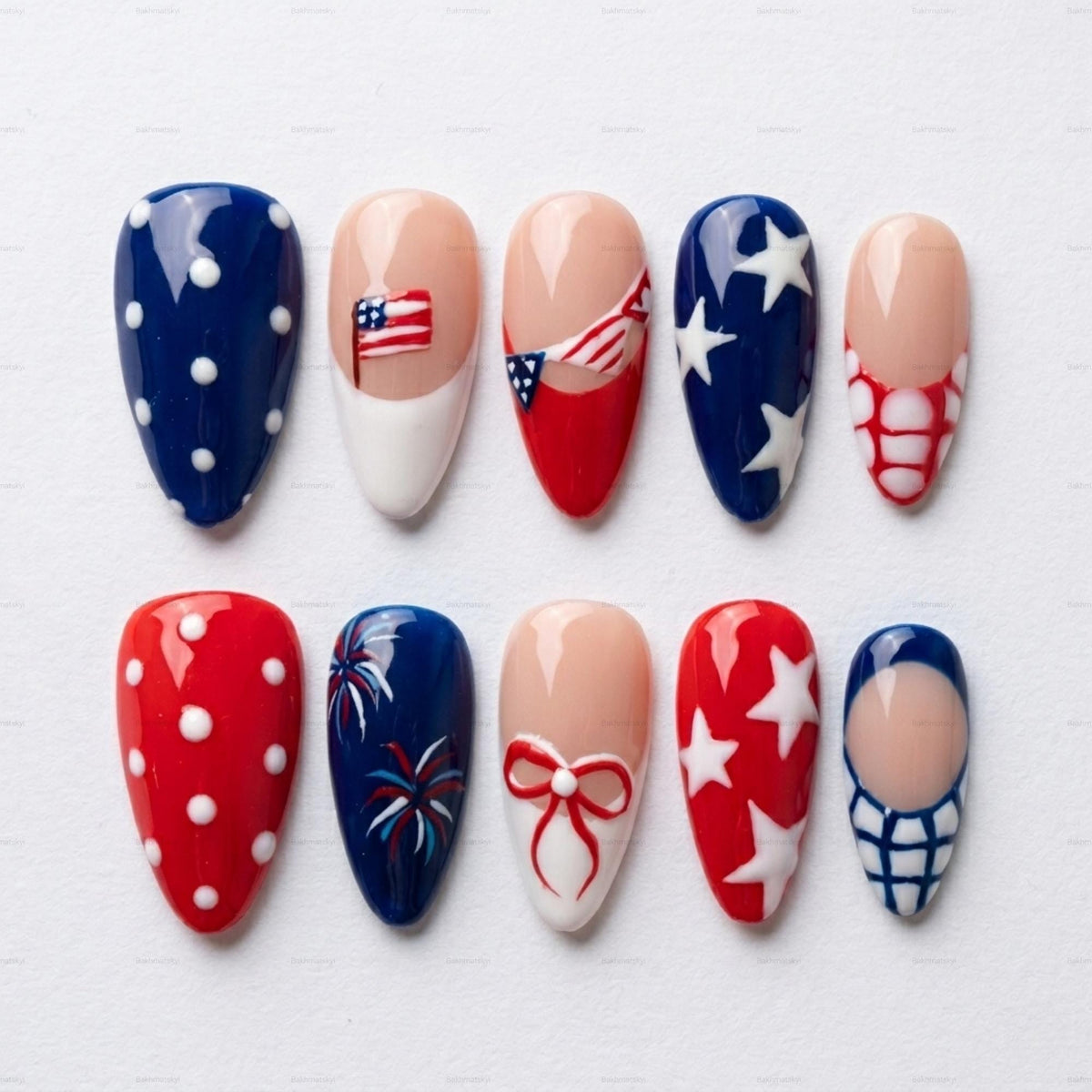 Patriotic 4th of July Nails with 3D Stars, Flags, and Fireworks