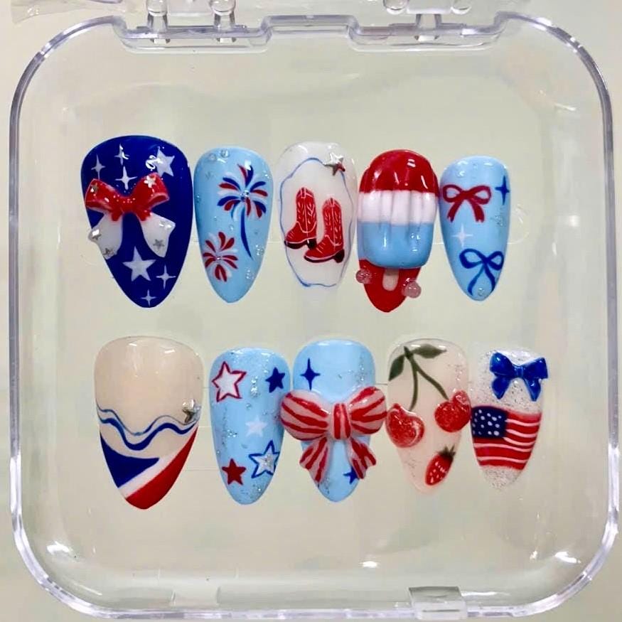 Patriotic Cowboy Boots, Cherry and 3D Bow Press-On Nails