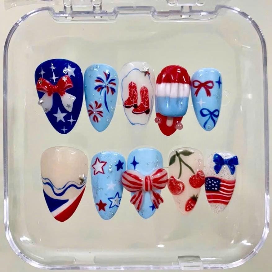 Patriotic Cowboy Boots, Cherry and 3D Bow Press-On Nails
