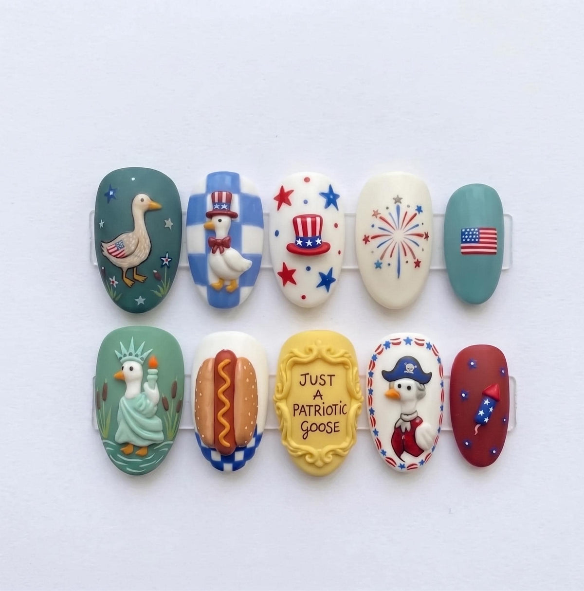 Patriotic Goose Press On Nail Set With 3D Details for Independence Day