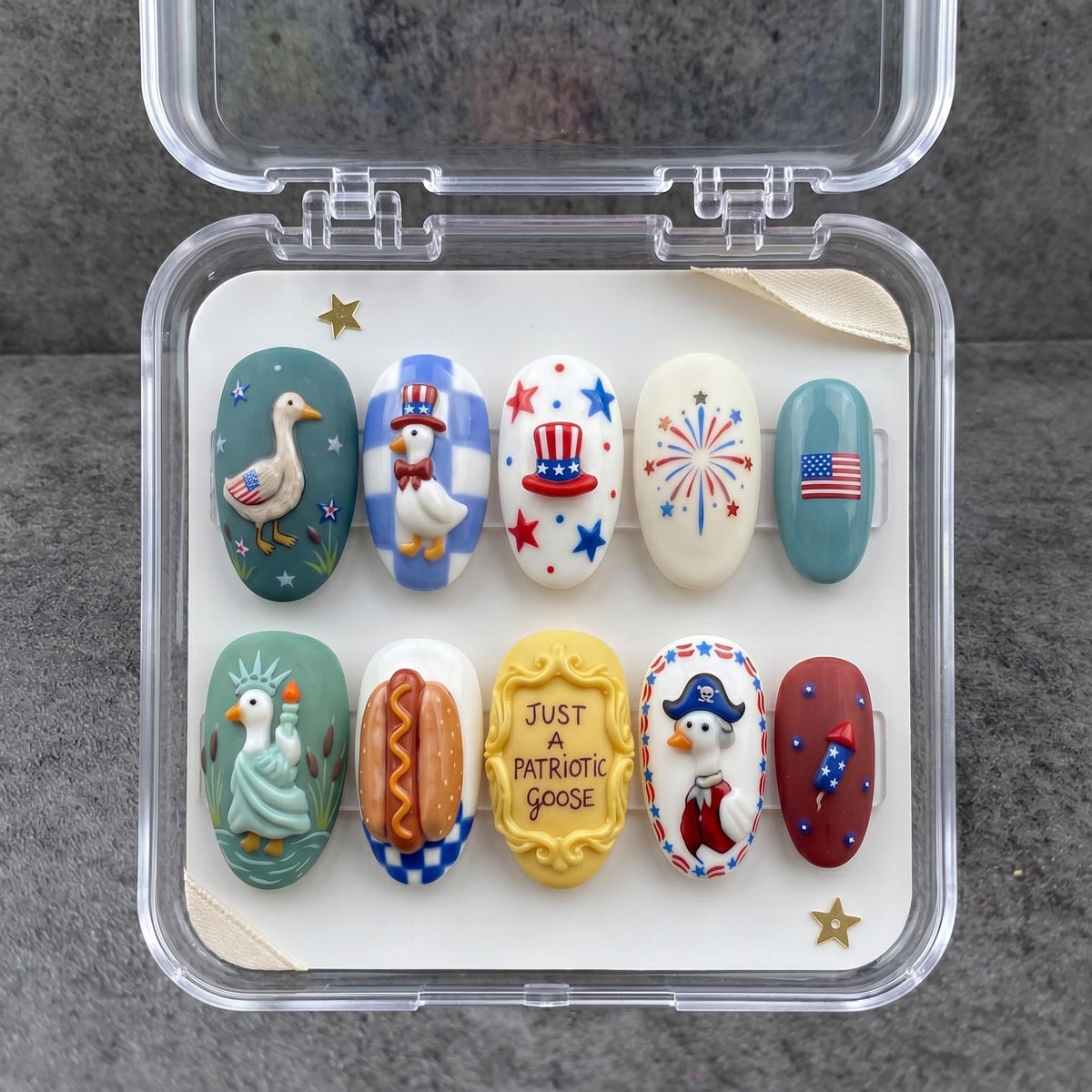 Patriotic Goose Press On Nail Set With 3D Details for Independence Day