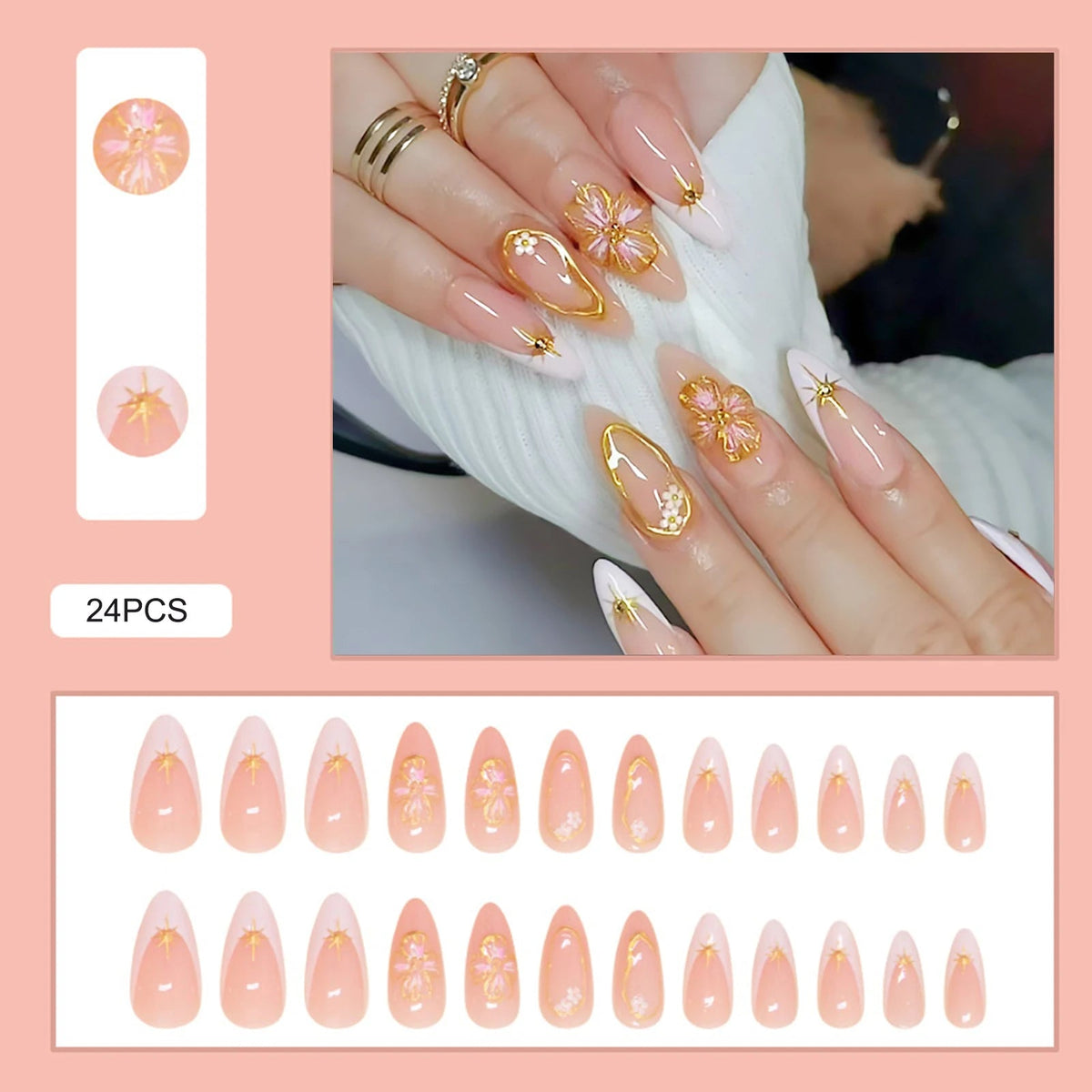 Peach Blush Floral French Tip Nails With Gold Accents
