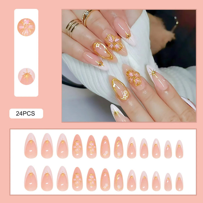Peach Blush Floral French Tip Press On Nails With Gold Accents