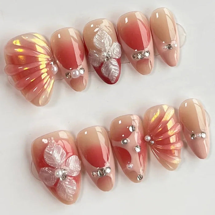 Peach Coral Press On Nails with 3D Flowers, Seashells, Pearls and Iridescent Details