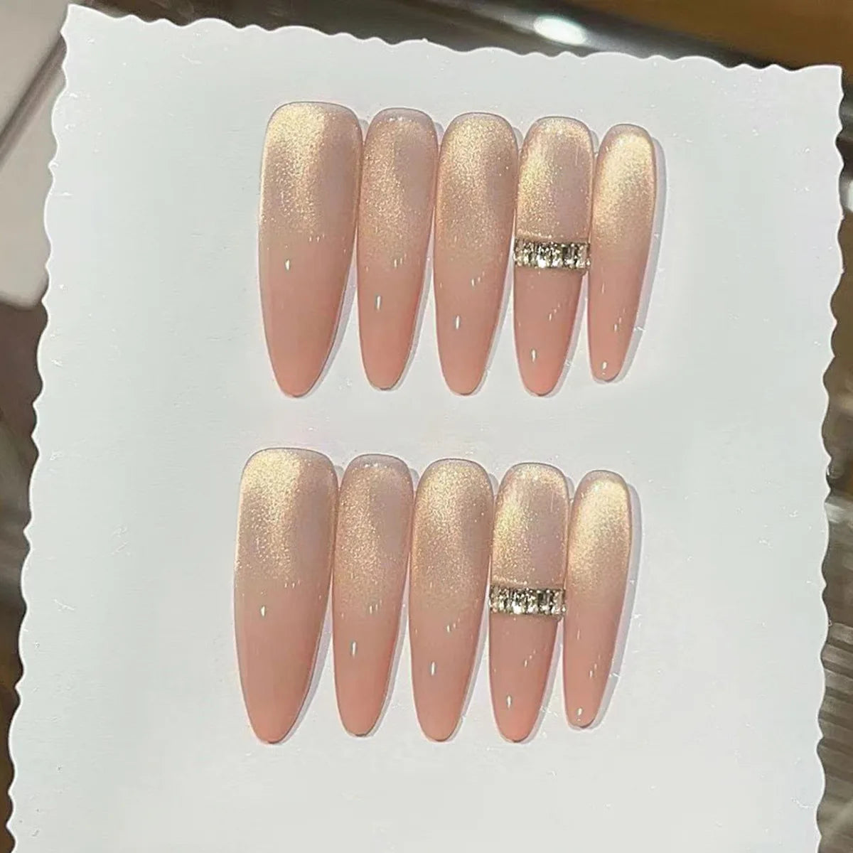 Peach Nude Gold Cat Eye Press On Nails with Crystal Accents