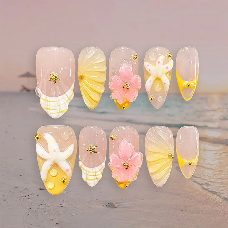 Peach Pink 3D Flower and Shell Nails with Yellow Plaid French Tips