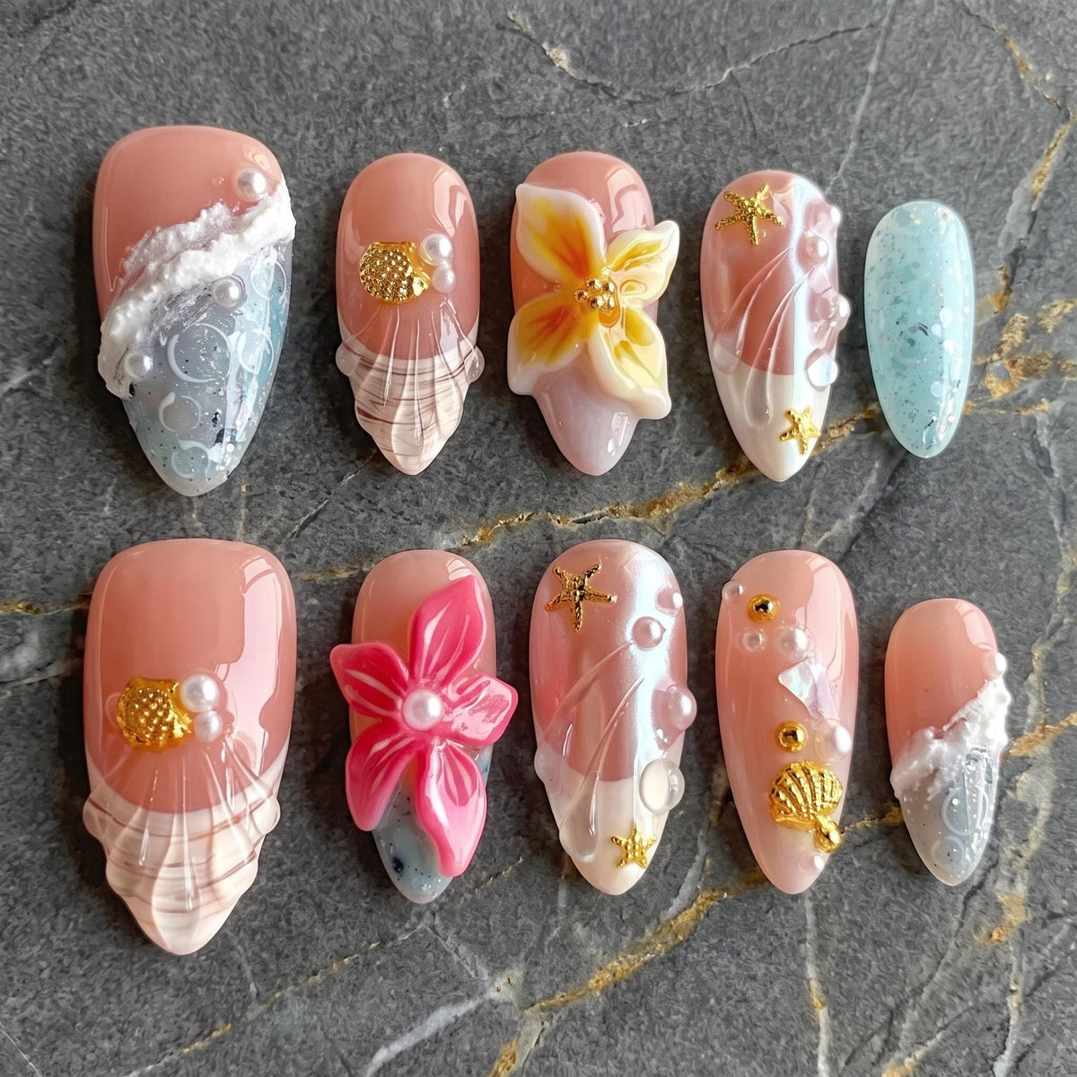 Peach Pink Beach Nails With 3D Flowers, Gold Starfish, Shells and Pearls