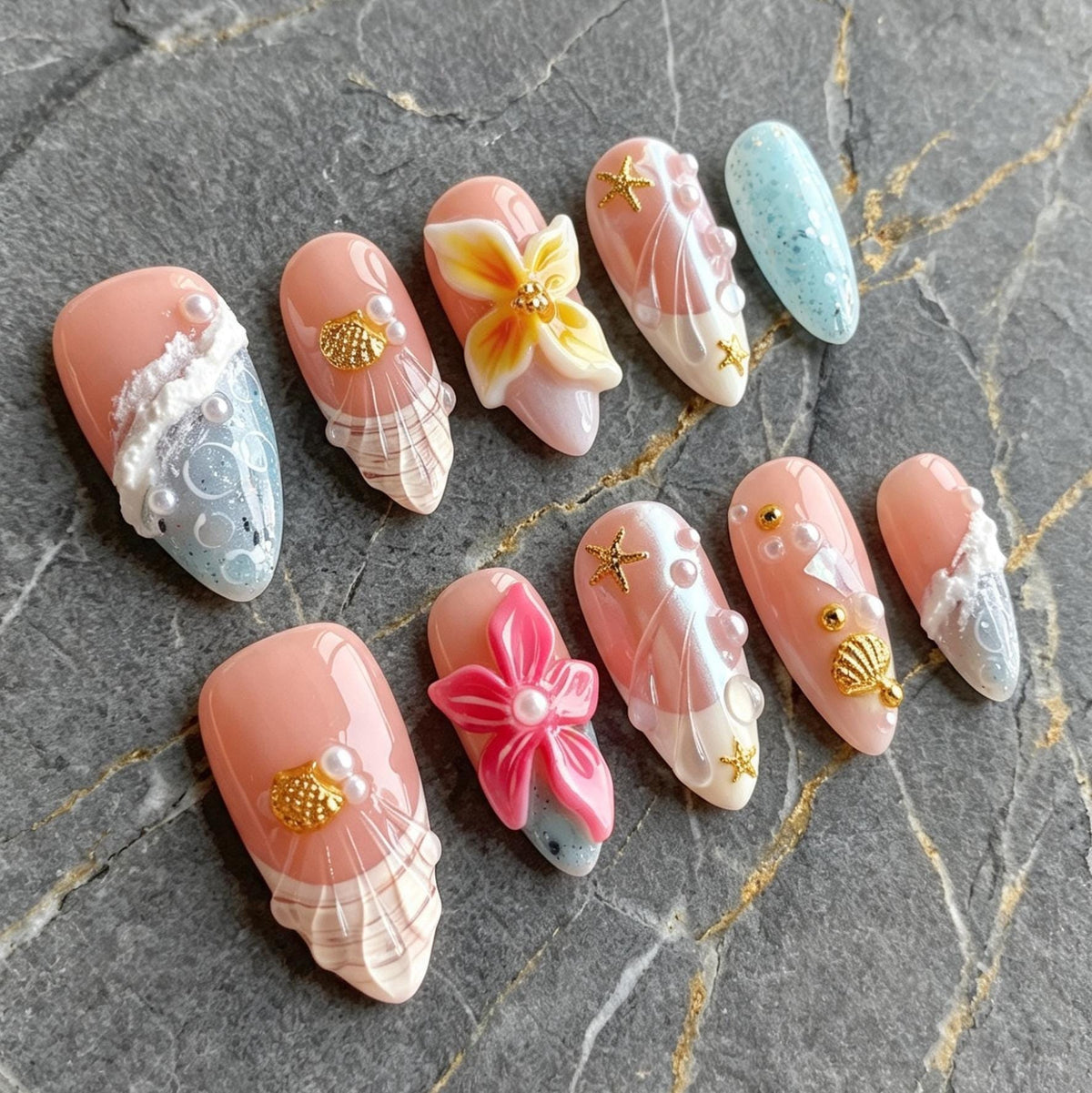 Peach Pink Beach Nails With 3D Flowers, Gold Starfish, Shells and Pearls