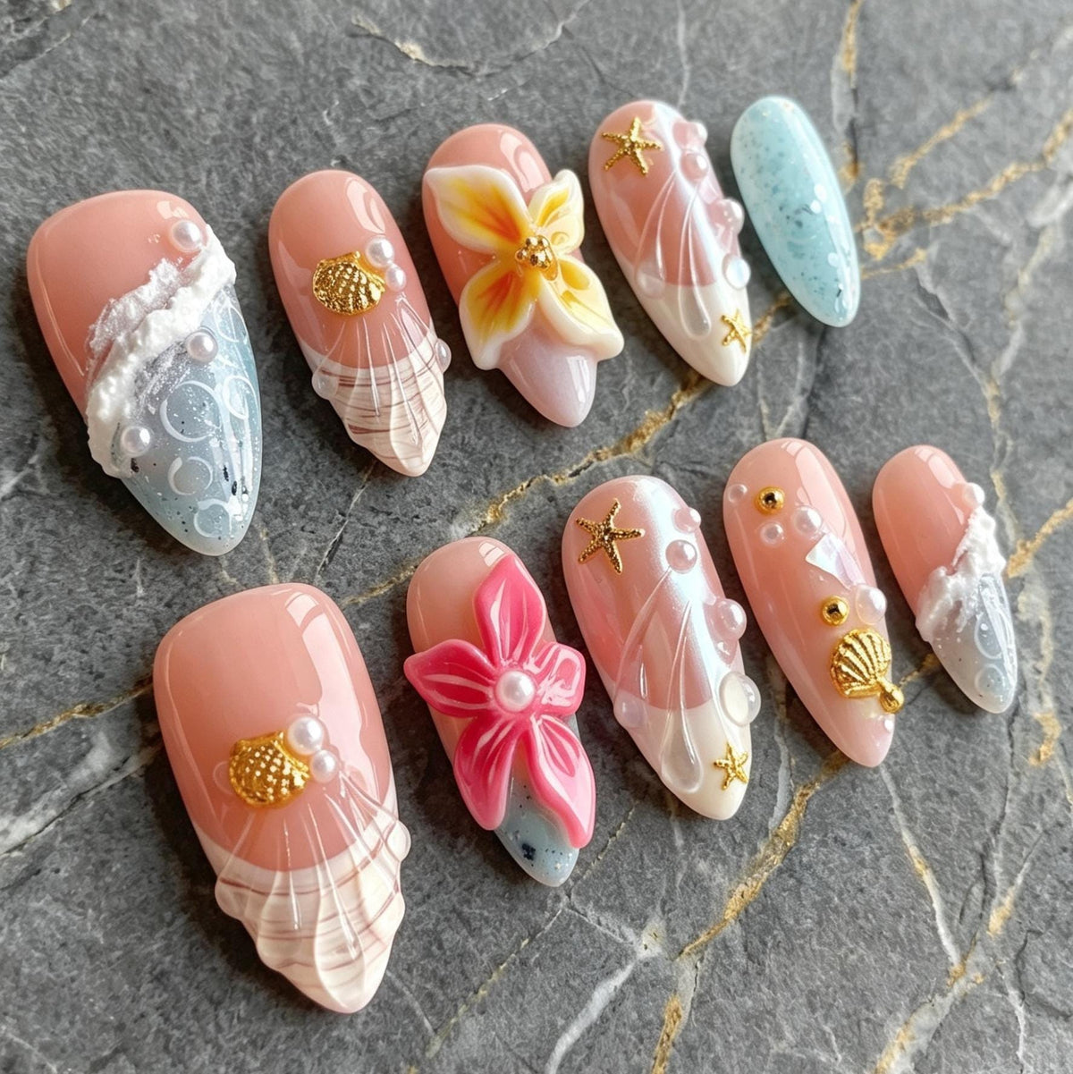 Peach Pink Beach Nails With 3D Flowers, Gold Starfish, Shells and Pearls