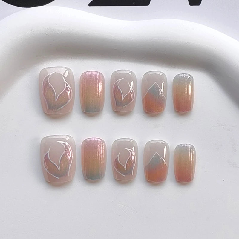 Peach Pink Cat Eye Press On Nails with Abstract Swirls and Geometric Accents