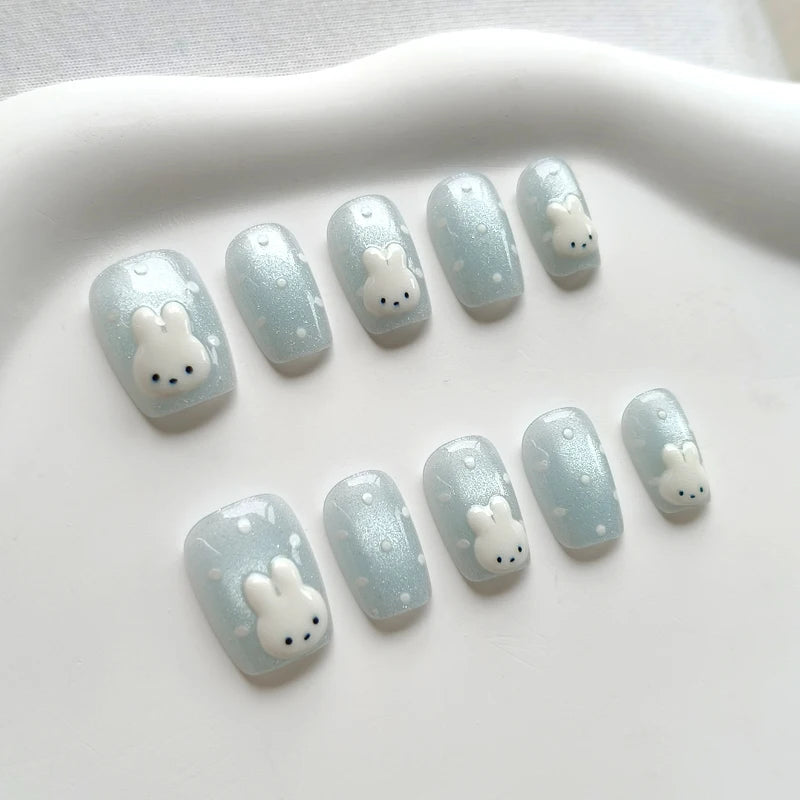 Peachy Pink Bunny Polka Dot Press-On Nails with Raised Faces