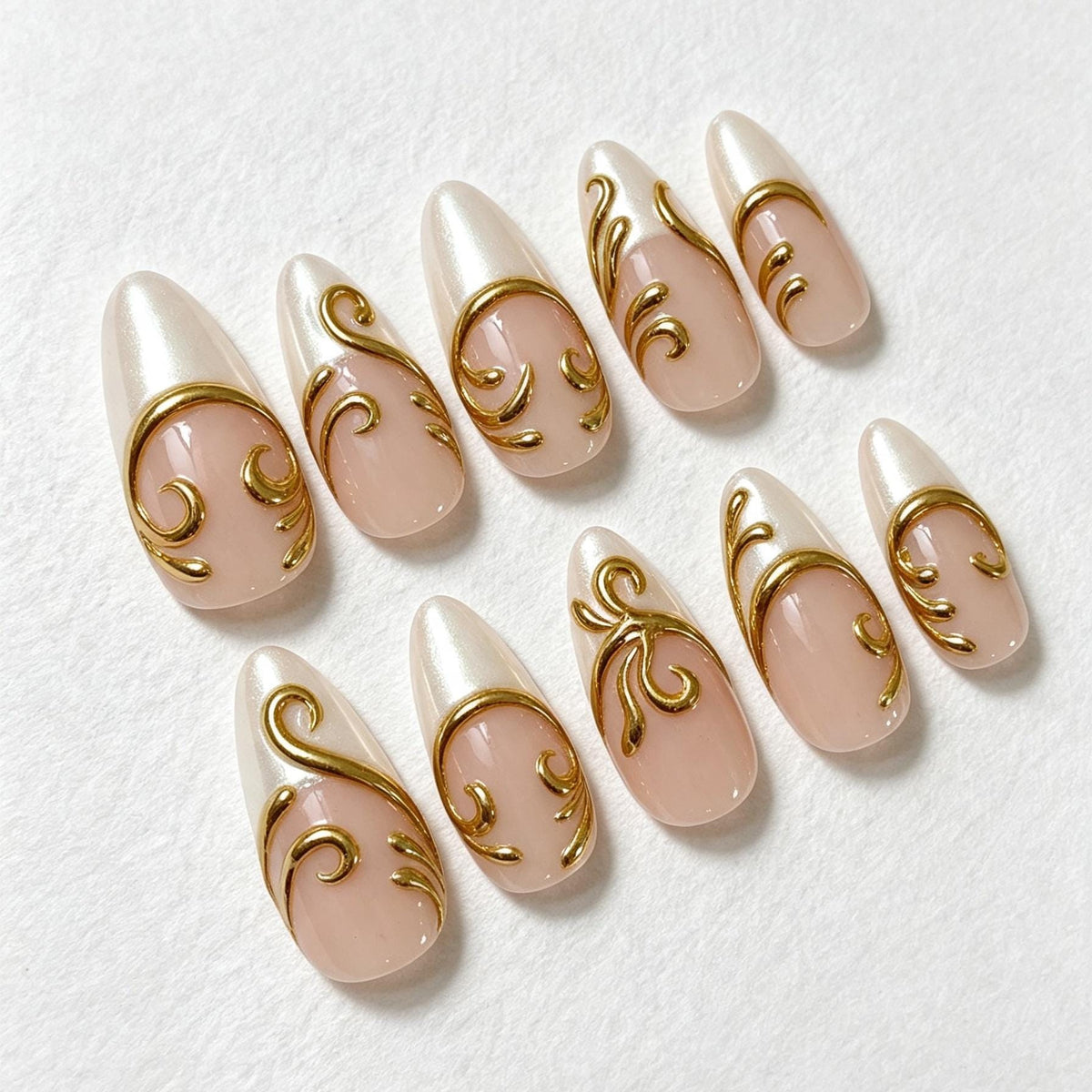 Pearl French Tip Press On Nails With Raised Gold Scrollwork