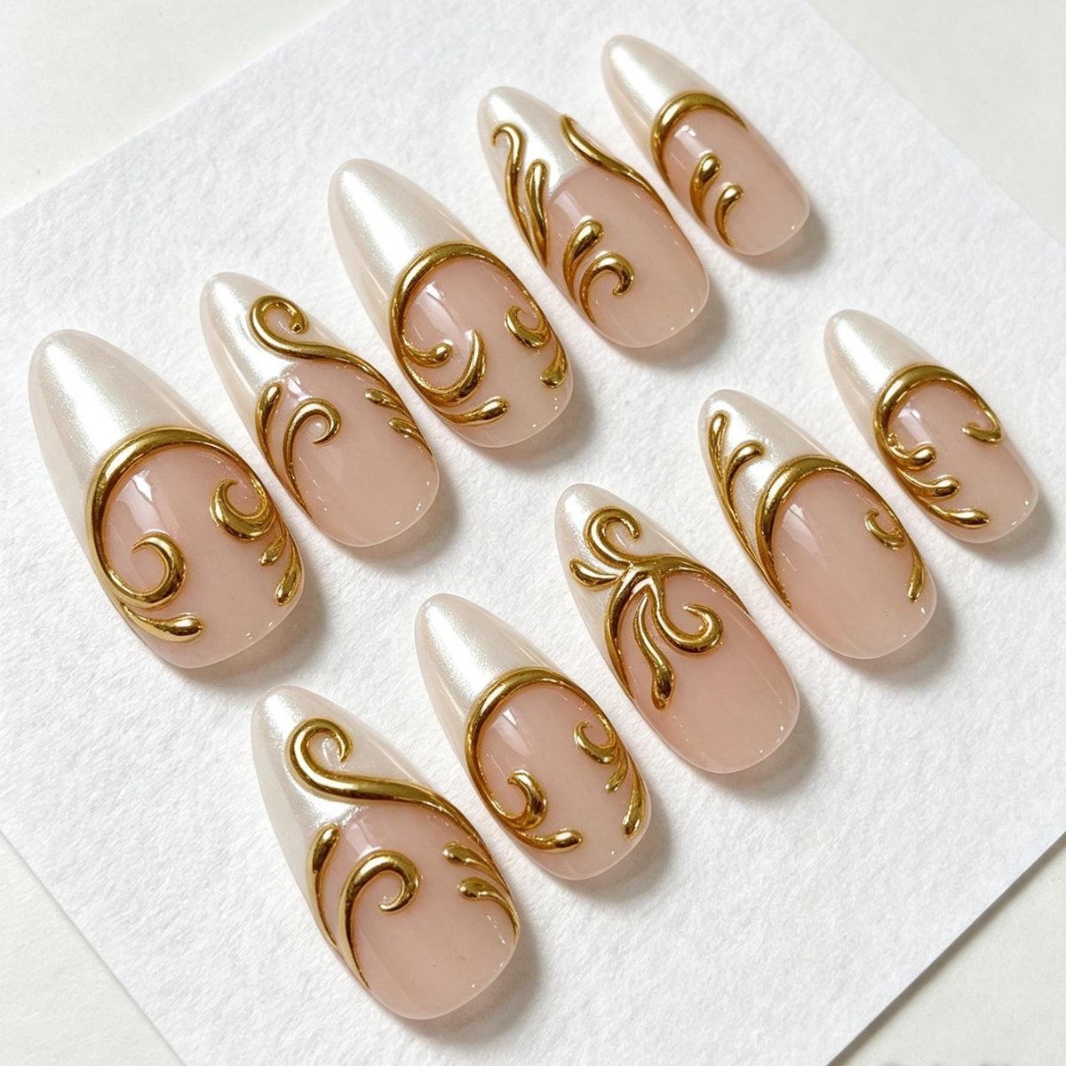 Pearl French Tip Press On Nails With Raised Gold Scrollwork