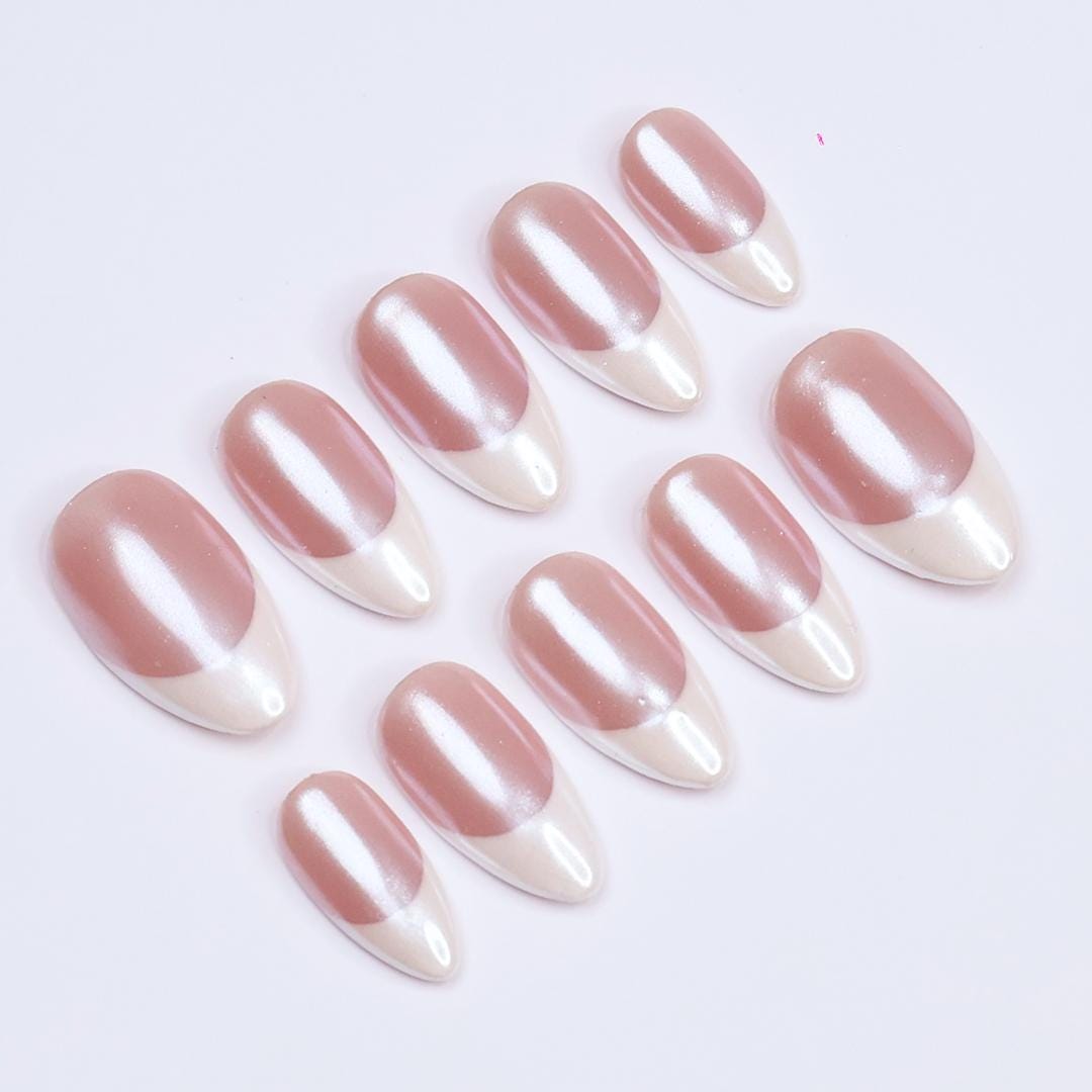 Pearl Rose Pink Press-On Nails With White French Tips