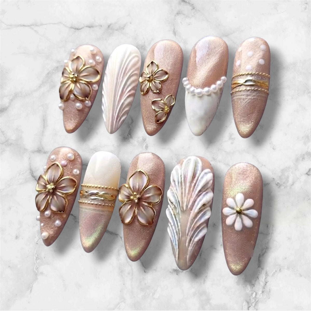 Pearl Seashell Bridal Nails in Rose Gold Nude with 3D Floral Details