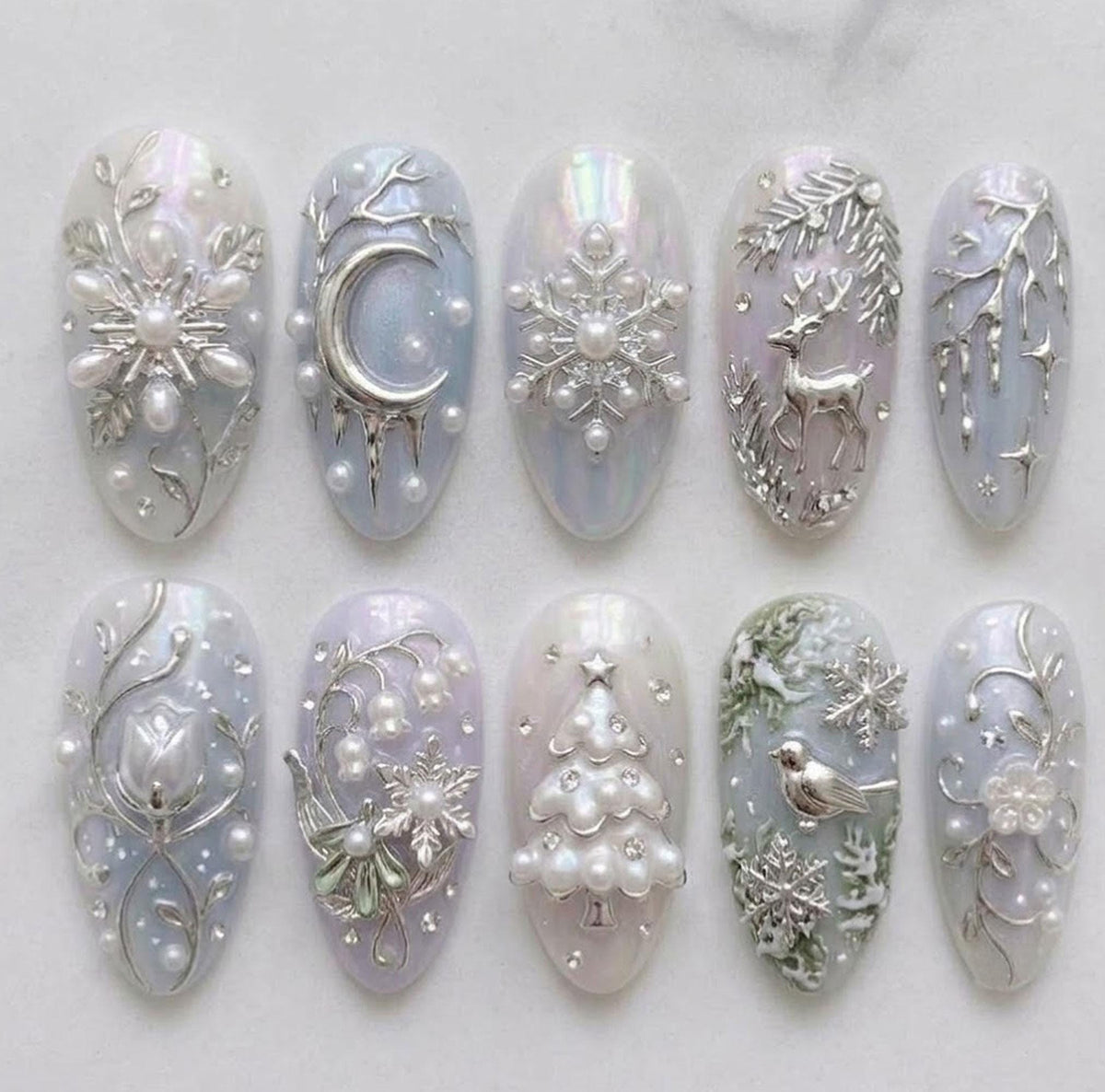 Pearl Silver Winter Wonderland Press-On Nail Set With Moon, Snowflakes and Christmas Tree