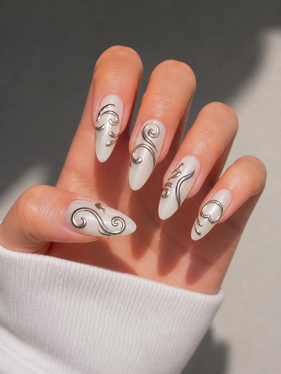 Pearl White Sculpted Silver Chrome Swirl Nail Set