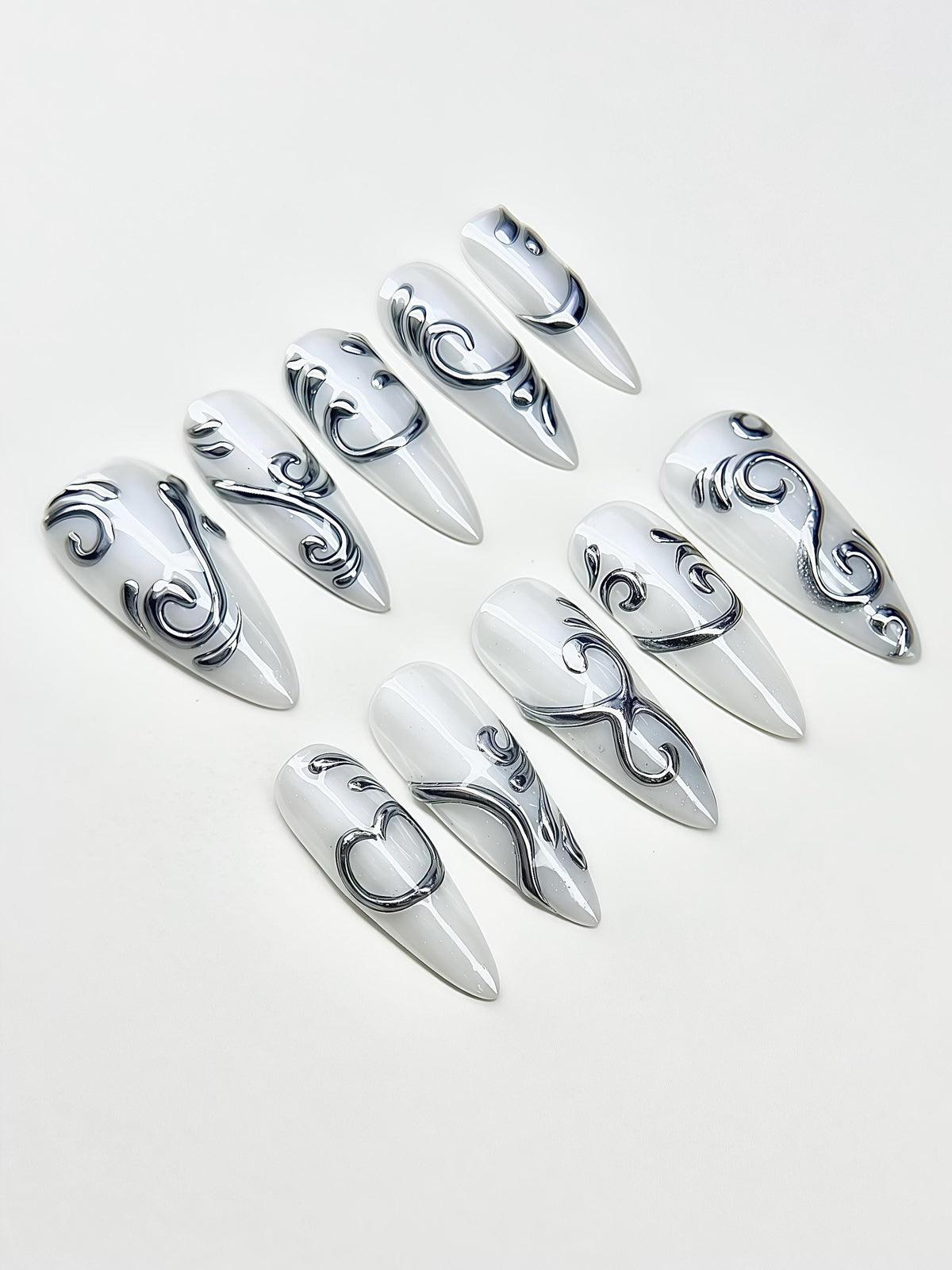 Pearl White Sculpted Silver Chrome Swirl Nail Set