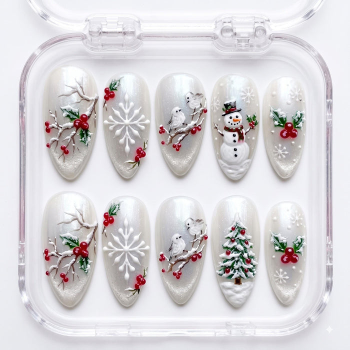 Pearl White Winter Holly Berry, Snowflake, Snowman and Christmas Tree Press On Nail Set