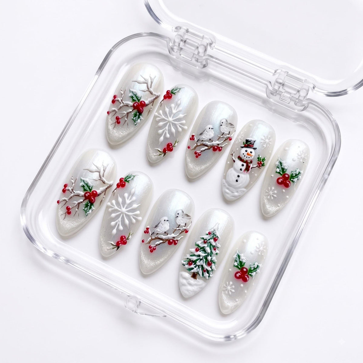 Pearl White Winter Holly Berry, Snowflake, Snowman and Christmas Tree Nail Set