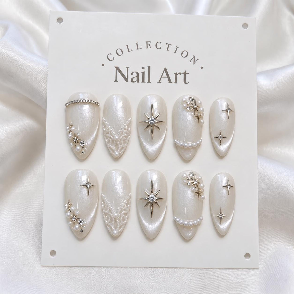 Pearlescent Ivory Bridal Nails with Lace Details, Pearls and Silver Celestial Stars