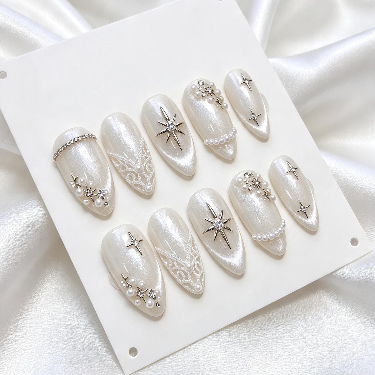 Pearlescent Ivory Bridal Nails with Lace Details, Pearls and Silver Celestial Stars