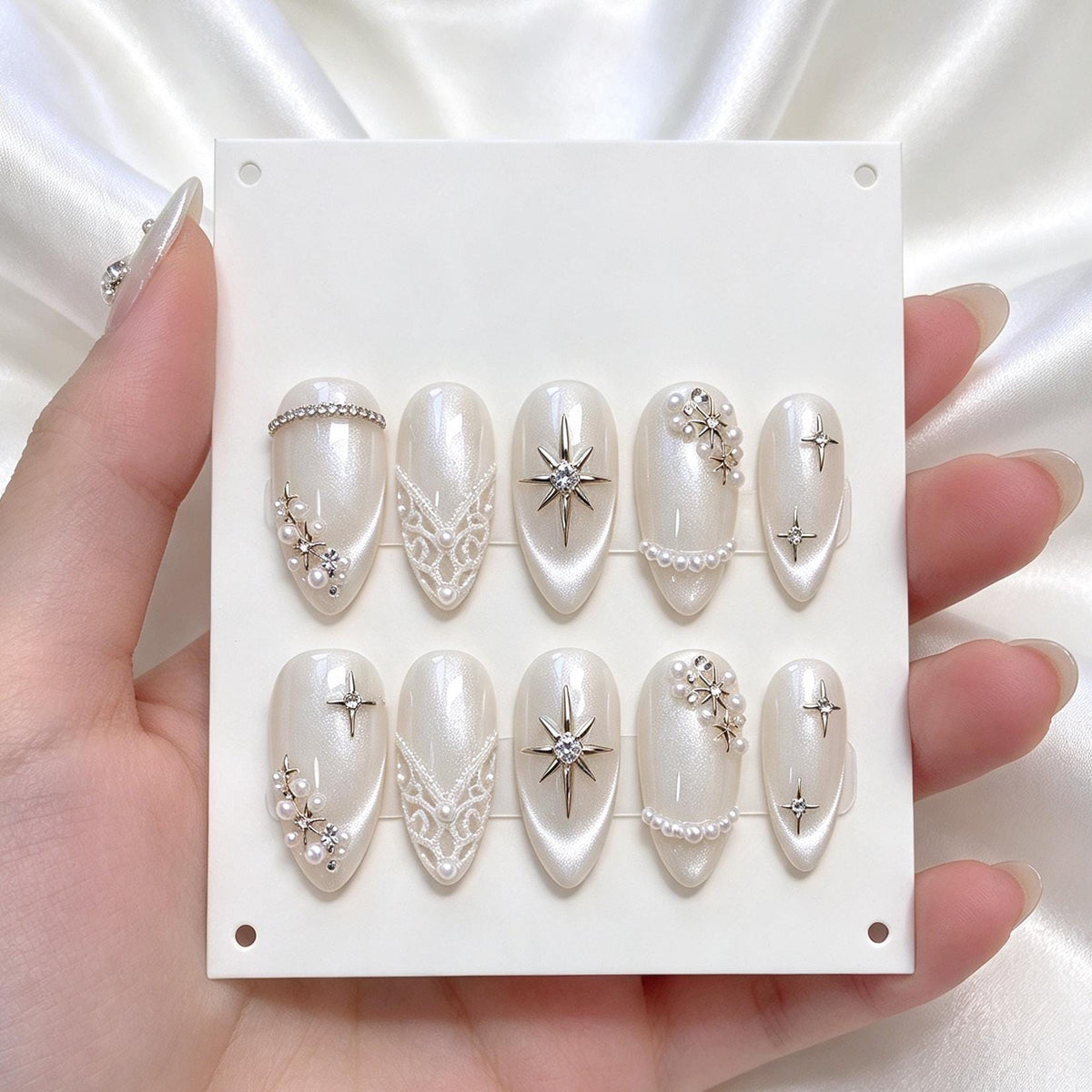 Pearlescent Ivory Bridal Nails with Lace Details, Pearls and Silver Celestial Stars