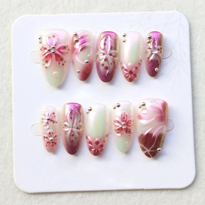 Pearlescent Pink and Mint Floral Press On Nail Set with 3D Flowers and Metallic Accents