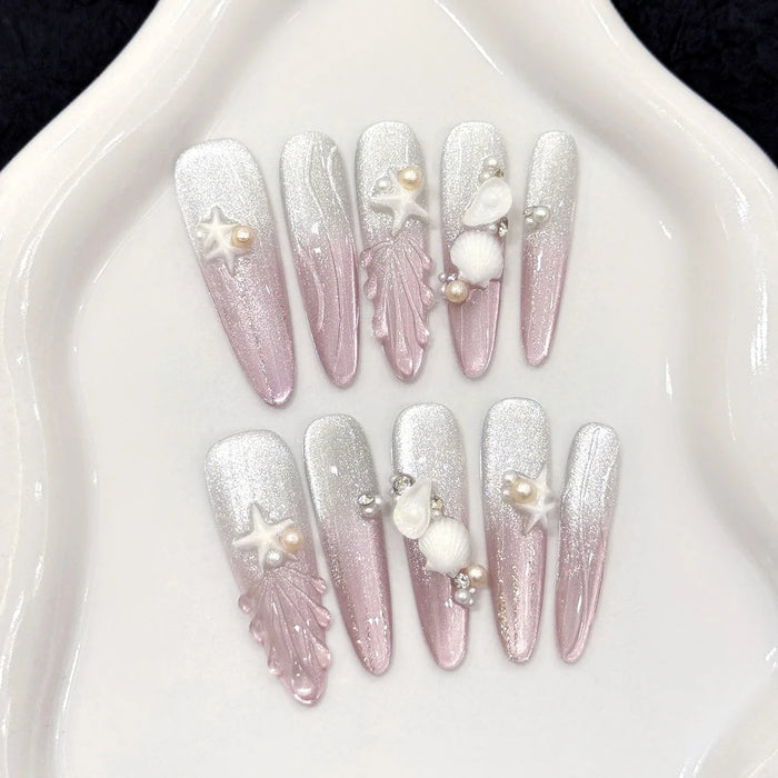 Pearlescent Pink and Silver Starfish Shell Press On Nails