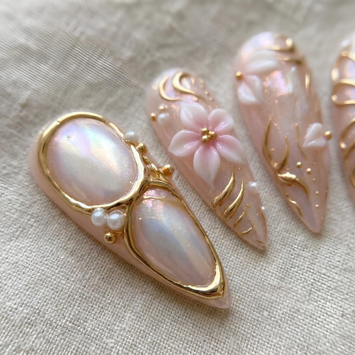 Pearlescent Pink Press On Nails with Gold Florals, Bow Details and Pearls