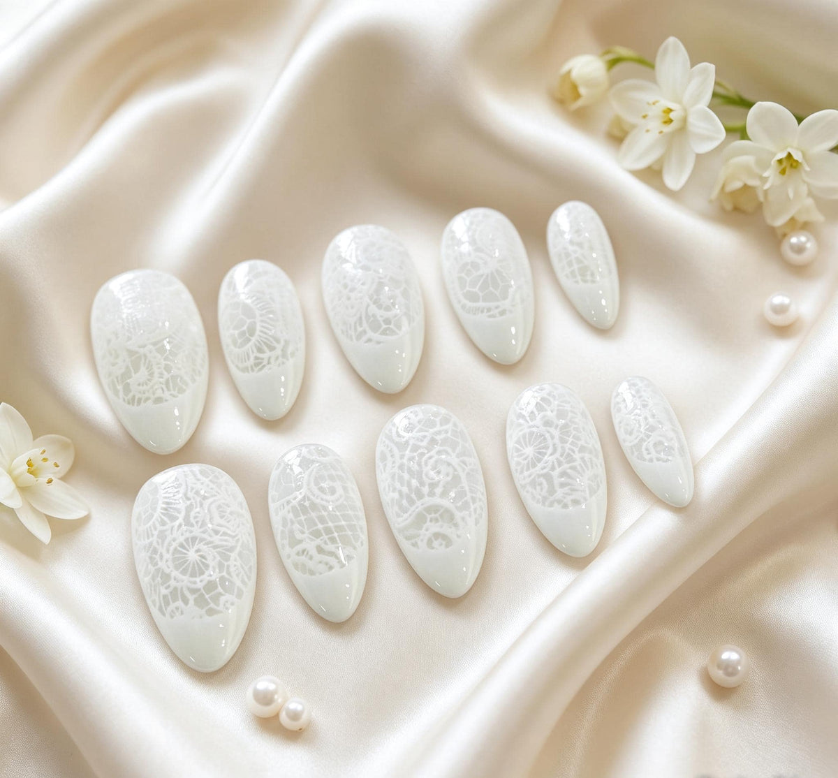 Pearlescent White Lace and Floral Wedding Press On Nails