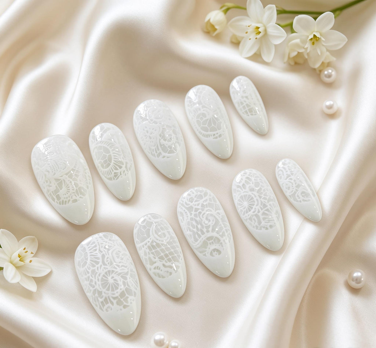Pearlescent White Lace and Floral Wedding Press On Nails