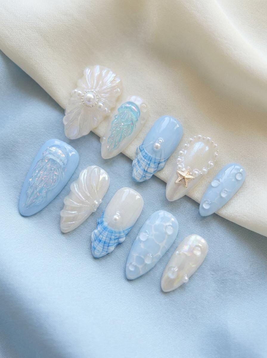 Pearly Blue Jellyfish and Shell Press-On Nails for Summer Vacation