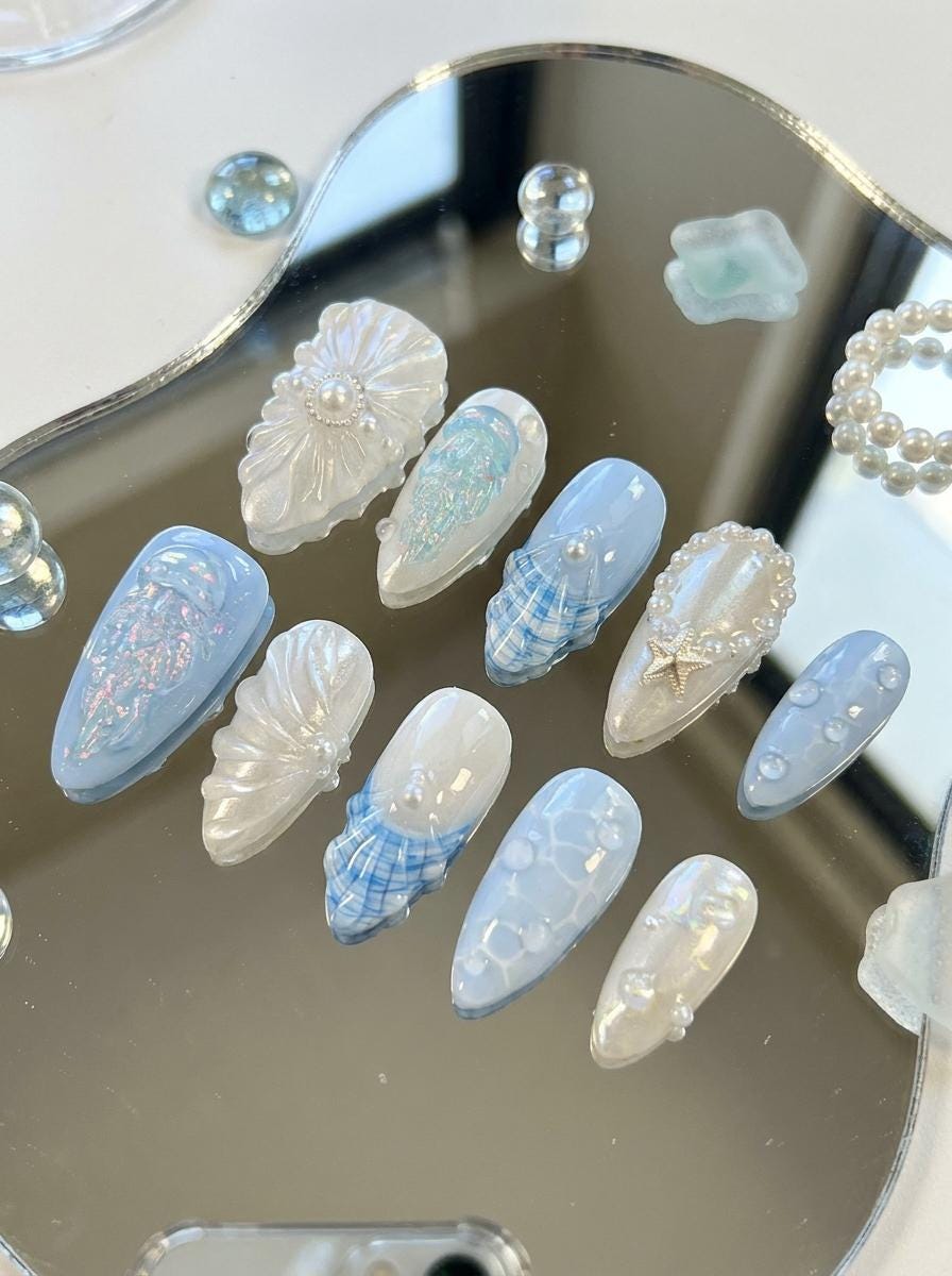 Pearly Blue Jellyfish and Shell Press-On Nails for Summer Vacation