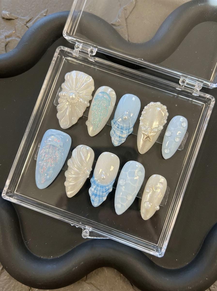 Pearly Blue Jellyfish and Shell Press-On Nails for Summer Vacation