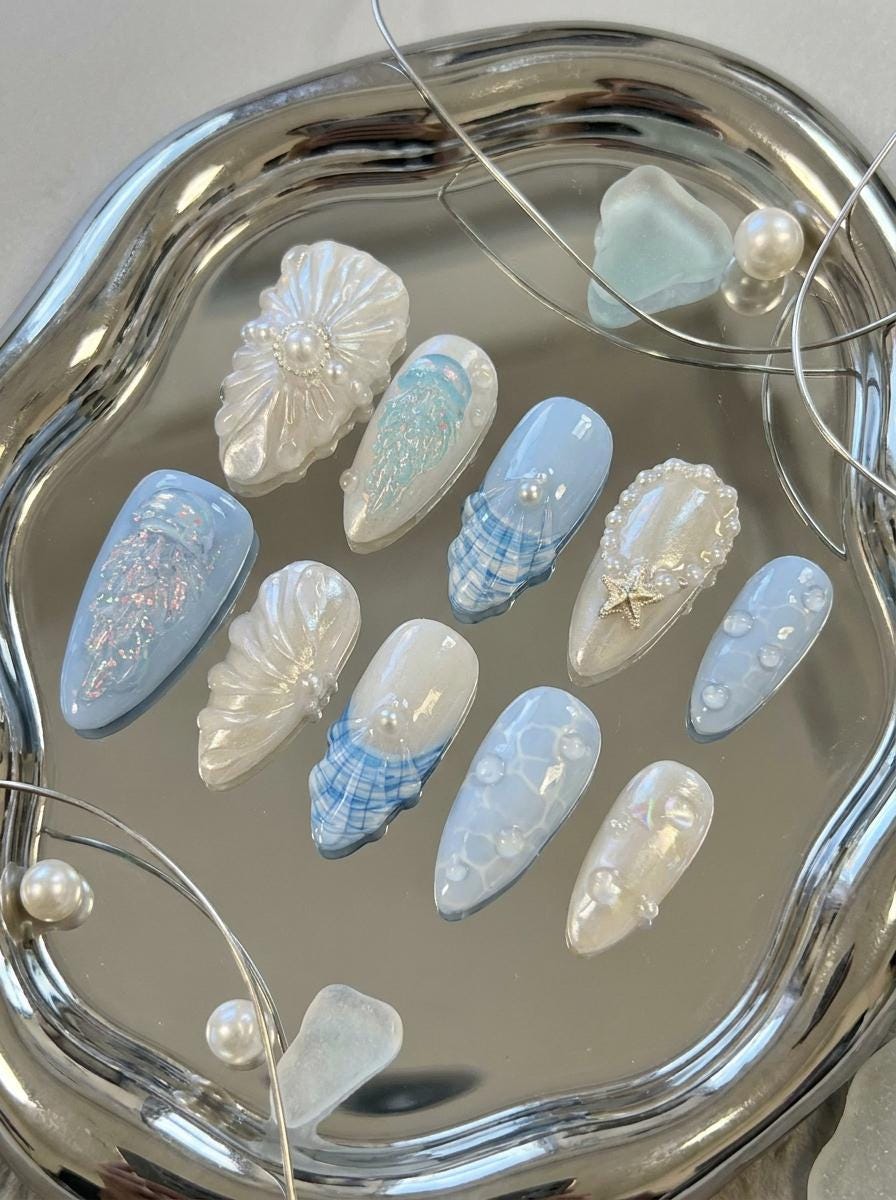 Pearly Blue Jellyfish and Shell Press-On Nails for Summer Vacation