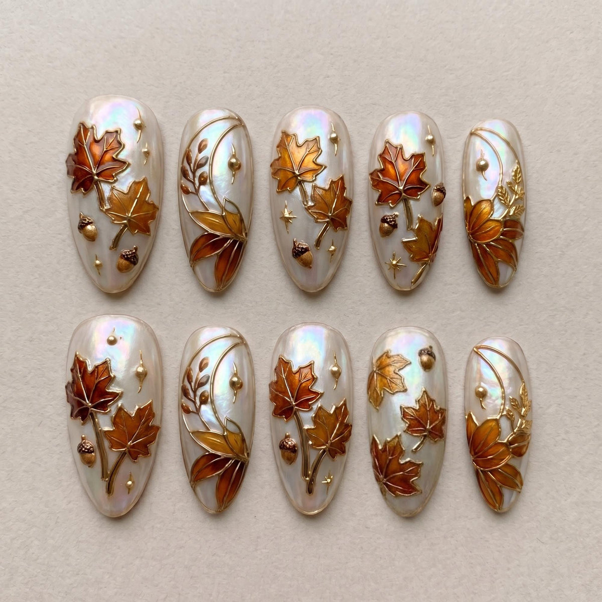 Pearly Ivory Autumn Maple Leaf and Acorn Nail Set