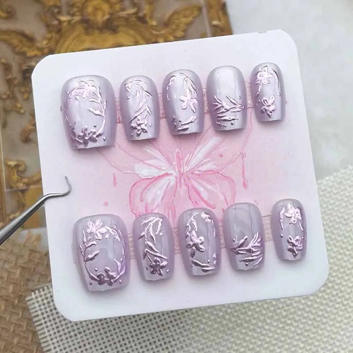 Pearly Lilac 3D Floral Press-On Nail Set