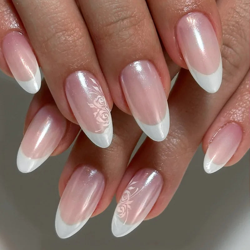 Pearly Pink French Tip Press On Nails with White Rose and Vine Details