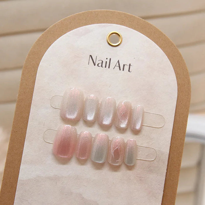Pearly Pink, Lilac & Mint Cat Eye Press On Nails With Wispy Marbled Accents