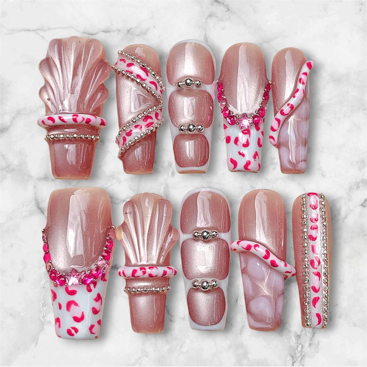 Pearly Rose Pink Seashell Press On Nails With Rhinestones and Silver-Tone Chains