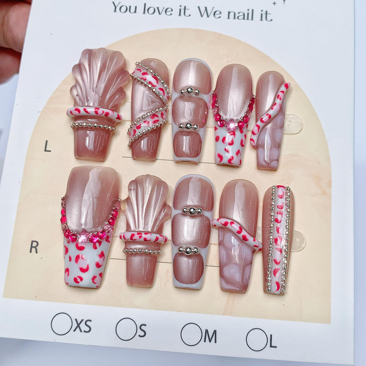 Pearly Rose Pink Seashell Press On Nails With Rhinestones and Silver-Tone Chains