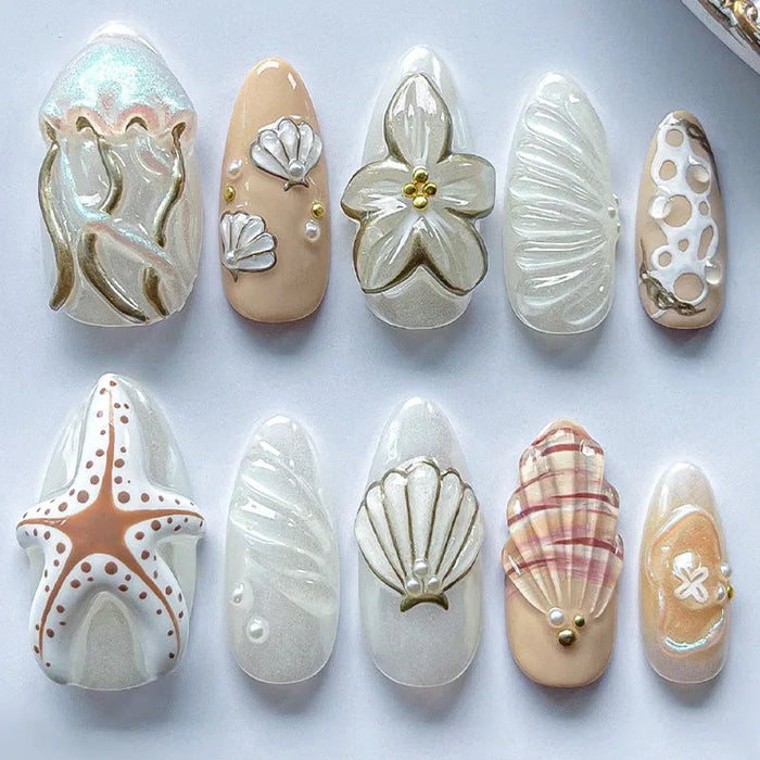 Pearly Seashell and Starfish Press On Nail Set with 3D Floral and Plaid Details