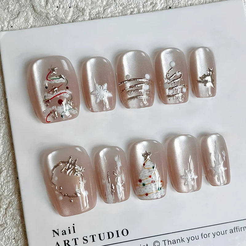 Pearly Silver-Beige Cat-Eye Christmas Tree and Snowflake Press-On Nails