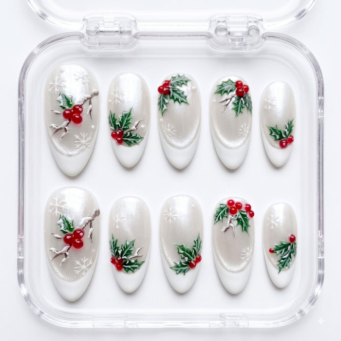 Pearly White Holly Berry and Snowflake Press On Nails